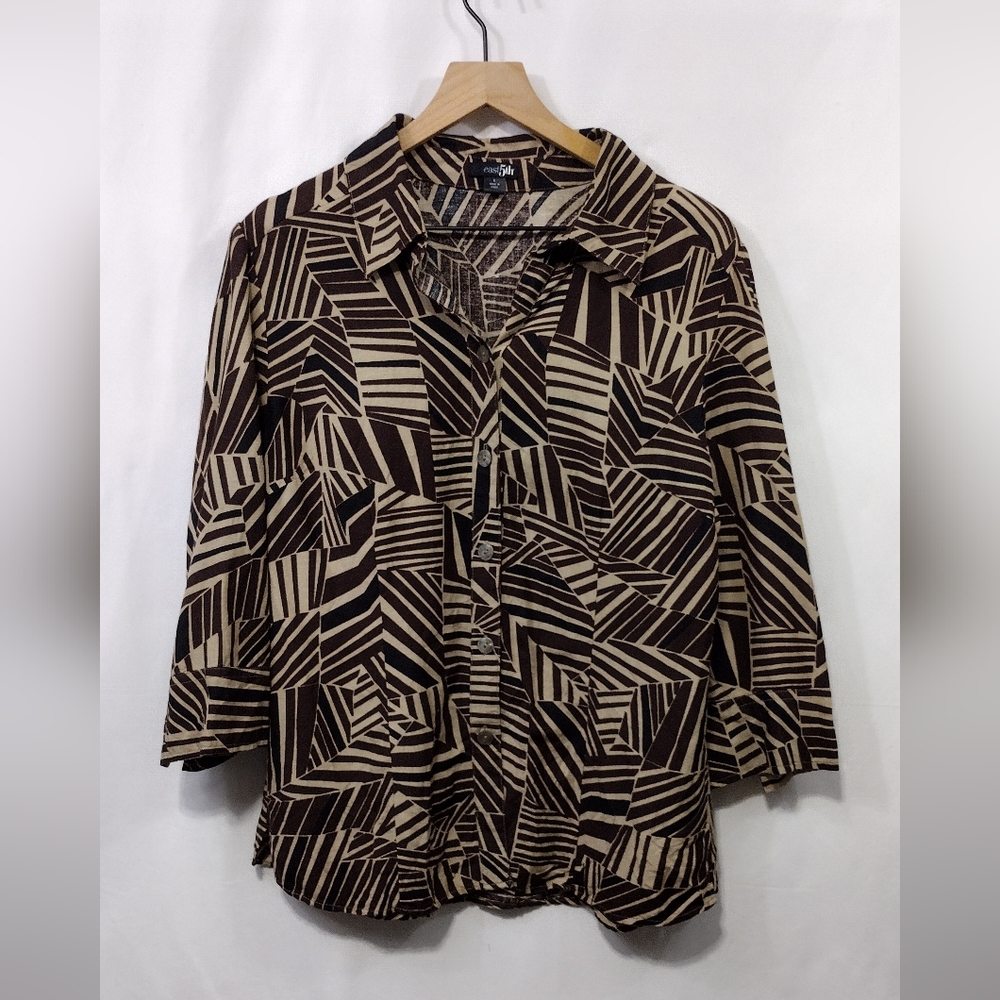 East 5th Linen Blend Geometric Button Up Shirt Womens L Brown Boho Retro 90s Y2K